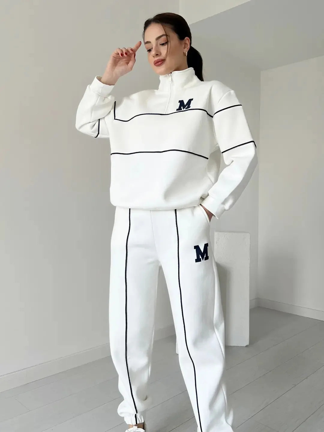 Autumn Winter New Fashion Letter Print Sweatshirt Set Casual Zipper Half Open Collar Long-sleeve Top + Sweatpants Two-piece Suit BAZAARHUBO