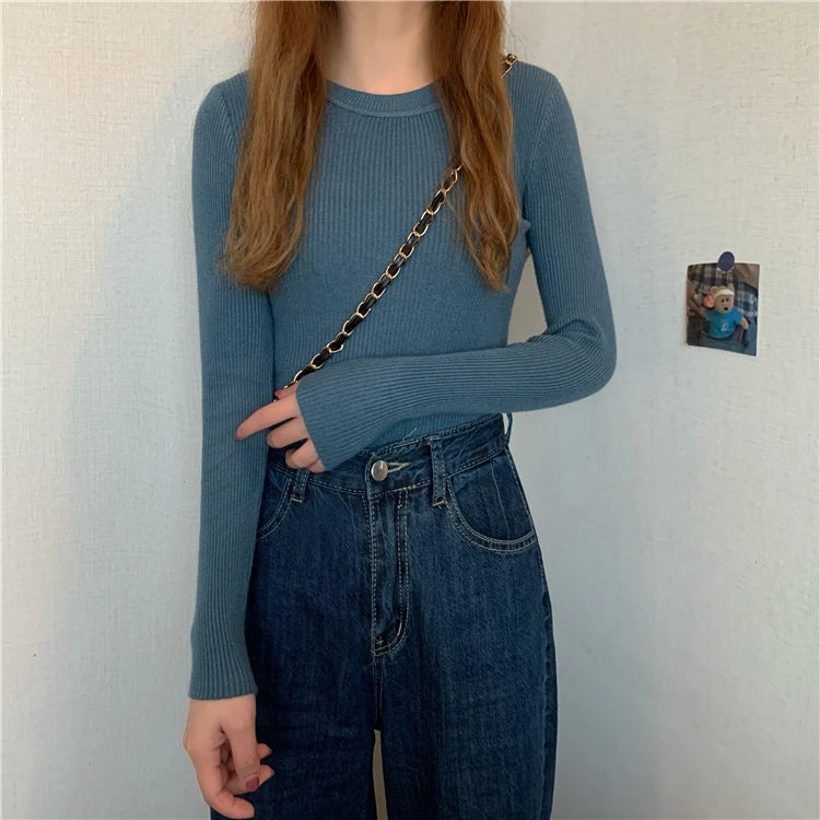2026 New Women Sweater Autumn Winter Long Sleeve Pullover Basic Top Fashion O-neck Elastic Female Winter Solid Knitted Jumper