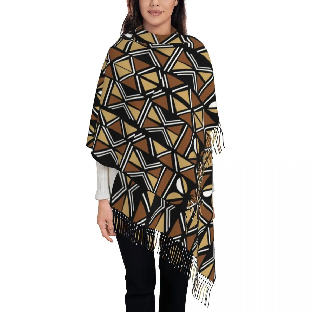 African Bogolan Africa Ethnic Tribal Art  Scarf Tassel Scarves Women Soft Warm Shawls and Wraps Large Fall Winter Shawl Wrap