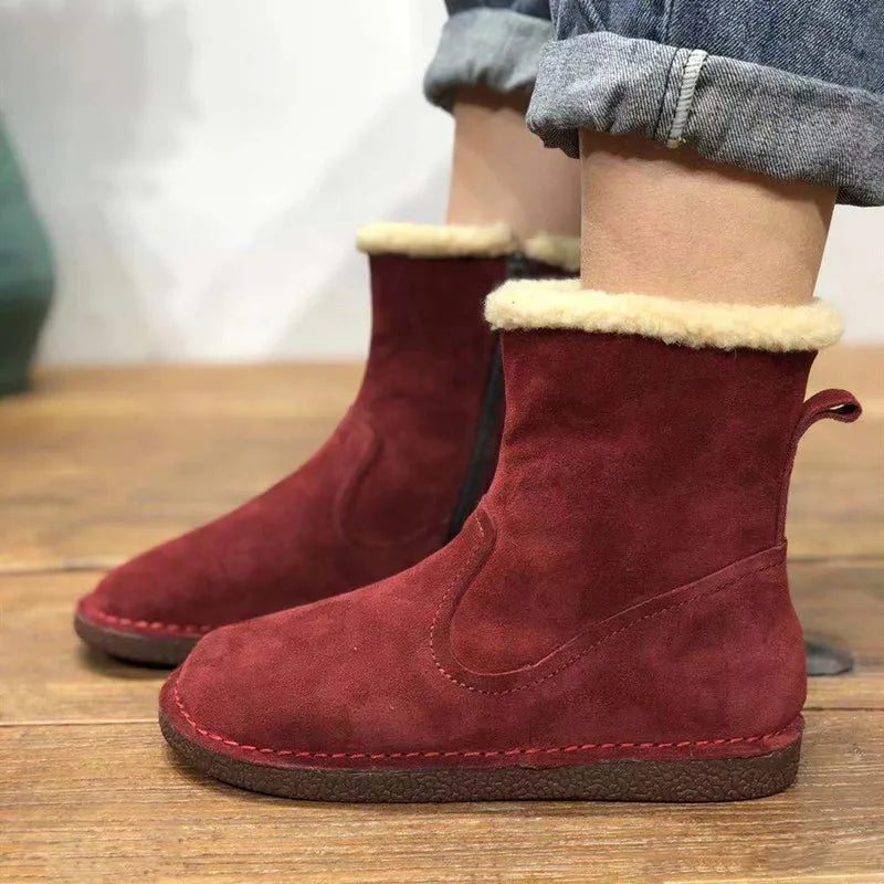 Careaymade-Genuine cow leather Snow cotton round head flats woolen short boots plush warm snow boots Oversized shoes size 35-43