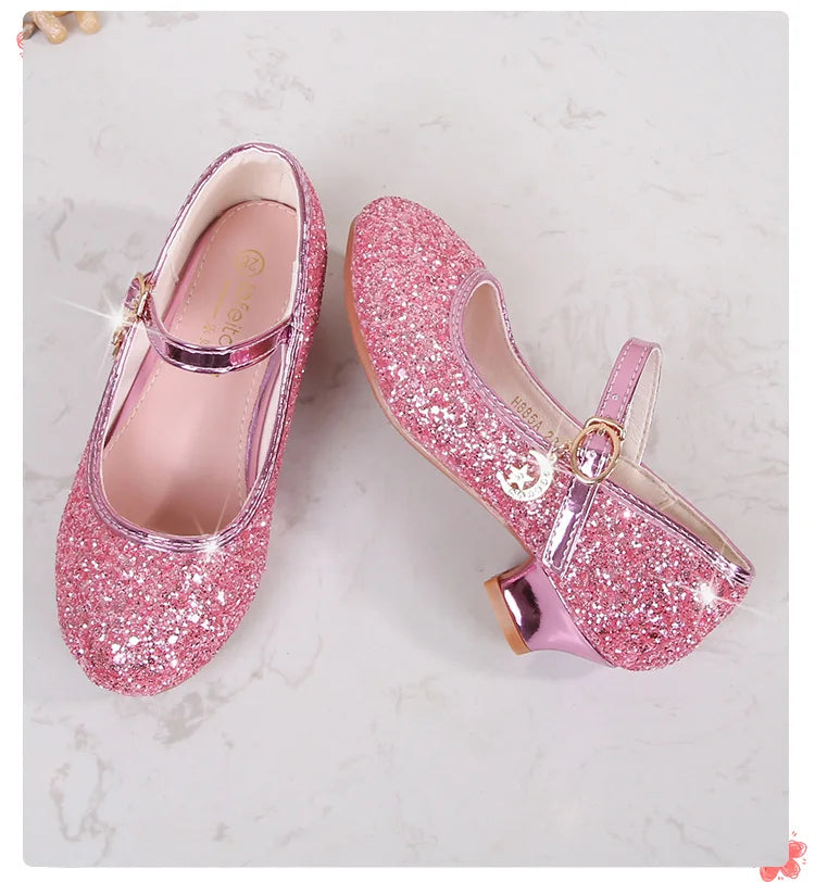 Classic Children High Heels Leather Shoes Fashion Sequins Elegant Kids Girls Wedding Shoes Princess Party Dress Single Shoes