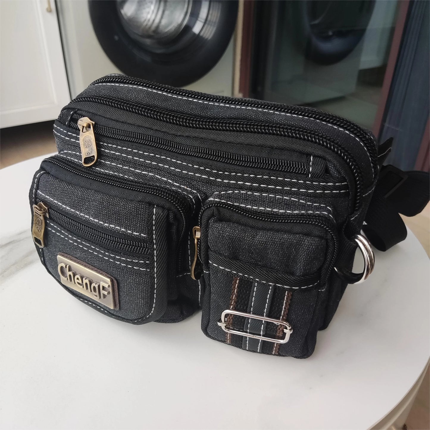 Fashionable Multi Layer Zipper Waist Bag Fanny Pack, Canvas Retro Basic Chest Crossbody Bag Men's Sports Running Phone Pocket
