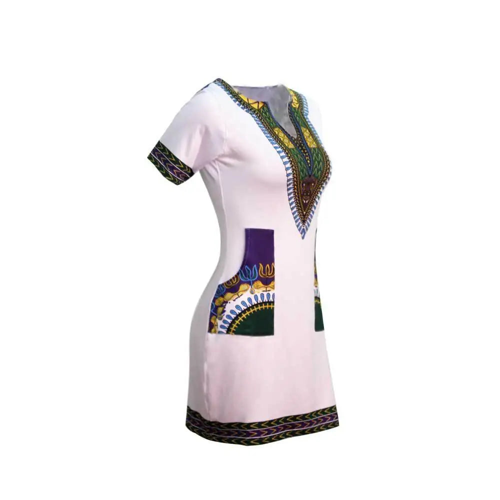 African Dresses for Women Summer 2022 Fashion Style African Women Short Sleeve V-neck Polyester Knee-length Dress