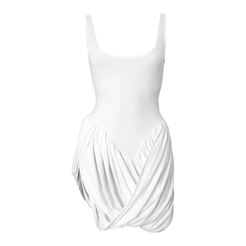 New Summer Style Long Skirt Sexy Spicy Girl Solid Color Basic Waist Fold Irregular Vest Dress Women
