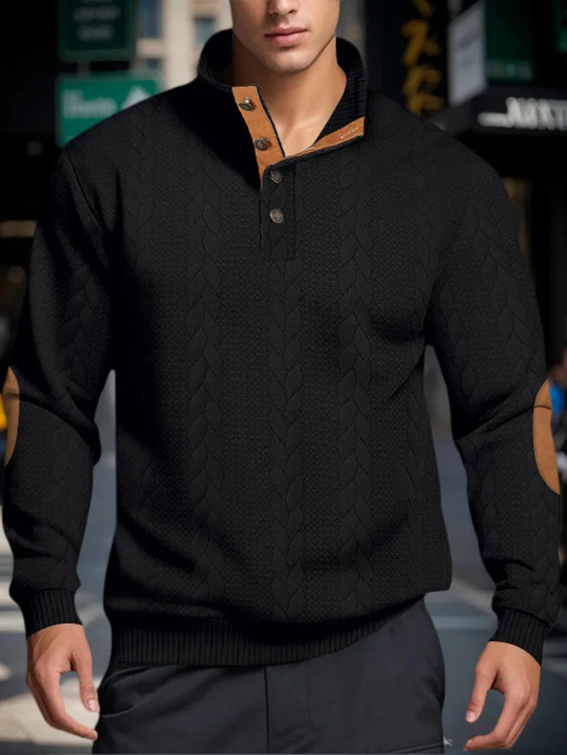 Men’s Knitted Jacquard Sweaters Button Stand-up Collar Warm Pullover Sweaters Outdoor Casual Men's Long-sleeved Sweatshirt