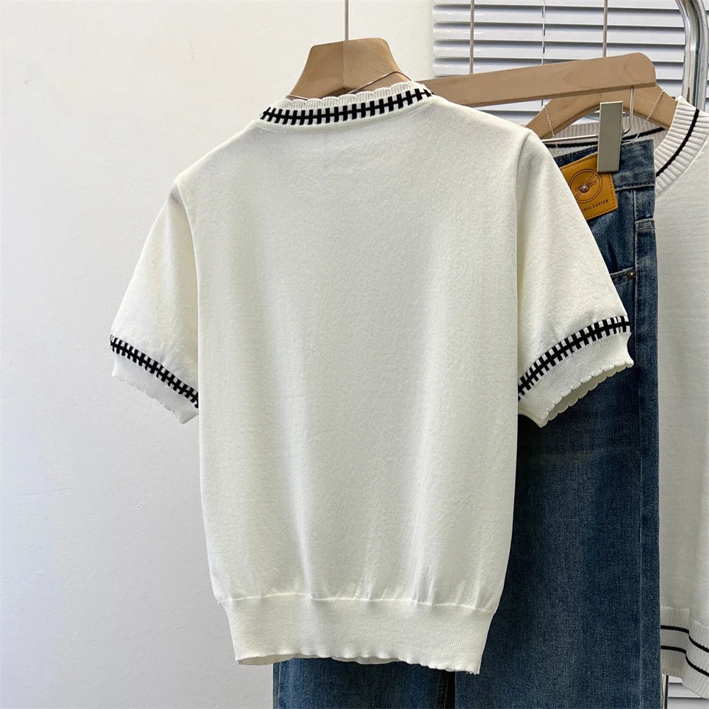 2024 Summer Stylish Sweater For Women Knit Pullover T-shirts Short Sleeve Color-blocked Fashion Elegant Ladies Knitwear Tops