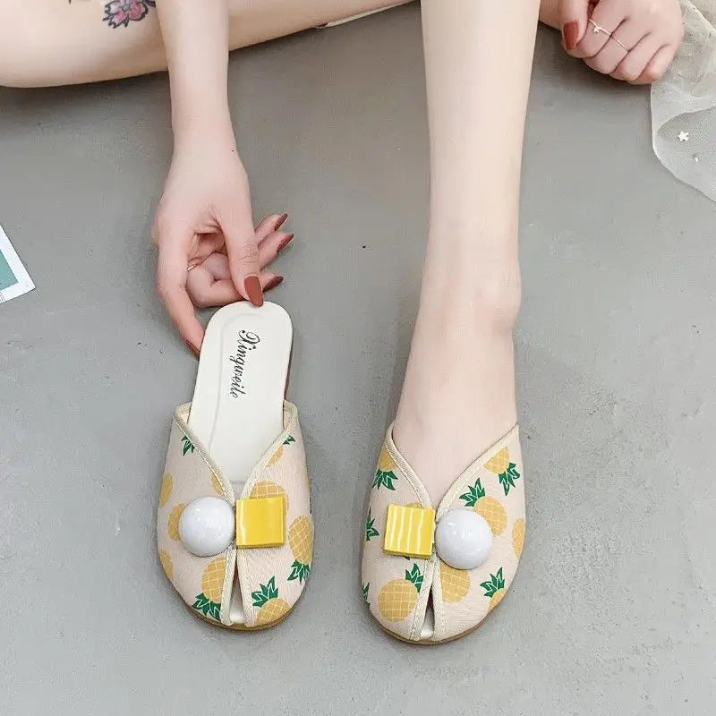 Slides Kawaii Shoes Round Toe Cute Women's Slippers and Ladies Sandals Mules Summer 2025 Flat Outside Comfortable Elegan Y 39 W