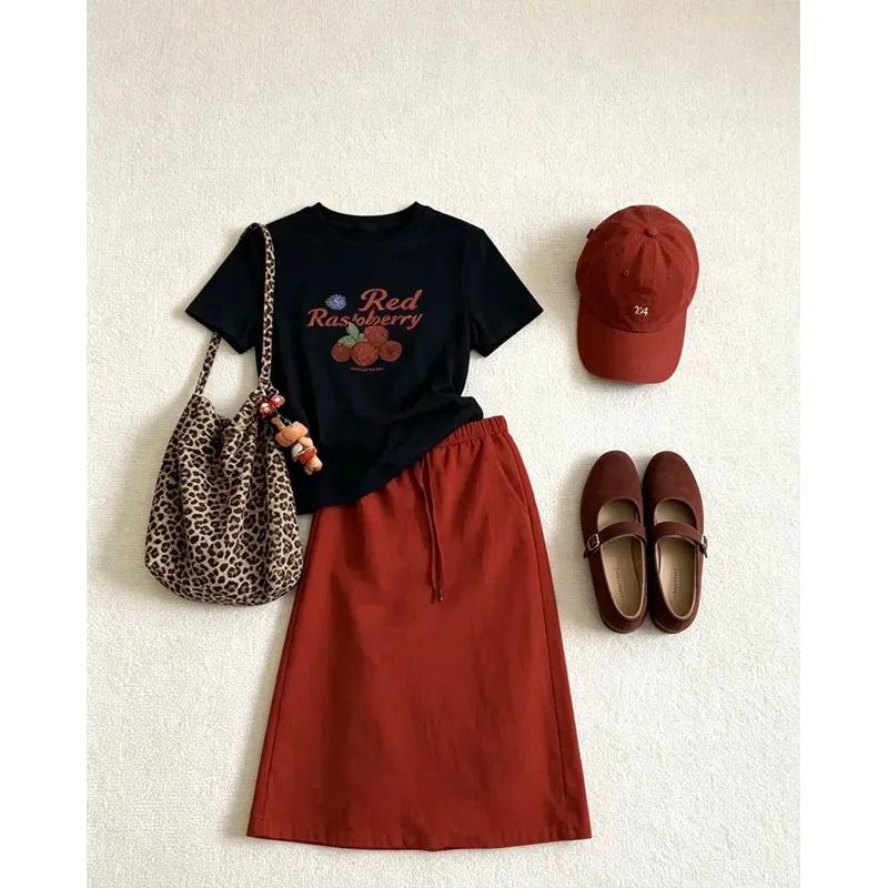 Elegant Black Printed T-Shirt Skirt Set Fashionable Unique Beautiful Summer Women's High-End Feelings Outfit Short Sleeve