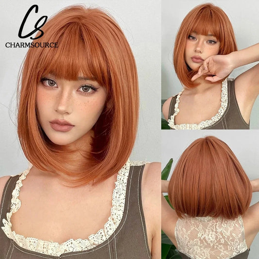 Copper Ginger Short Bob Straight Synthetic Wig with Bangs Heat Resistant Natural Looking Hair for Women Daily Use Cosplay Party