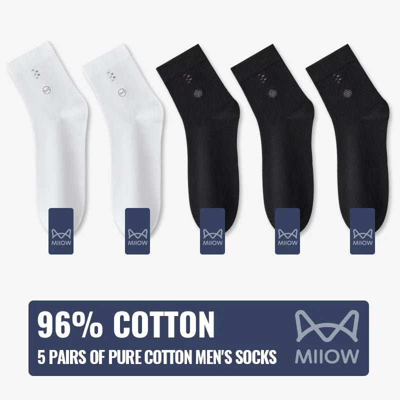 MiiOW 100% Pure Cotton Socks Men Business Dress Long Sock Black White Antibacterial Anti Odor Crew Socks Breathable Sport Sock