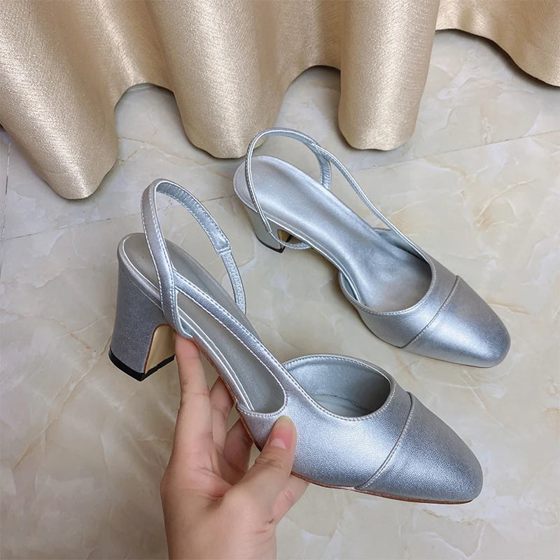 2023Spring Autumn Fashion High Heels Sandals Women's Dress Square Toe Slingback Shoes Women's Color Block Back With Flat Sandals