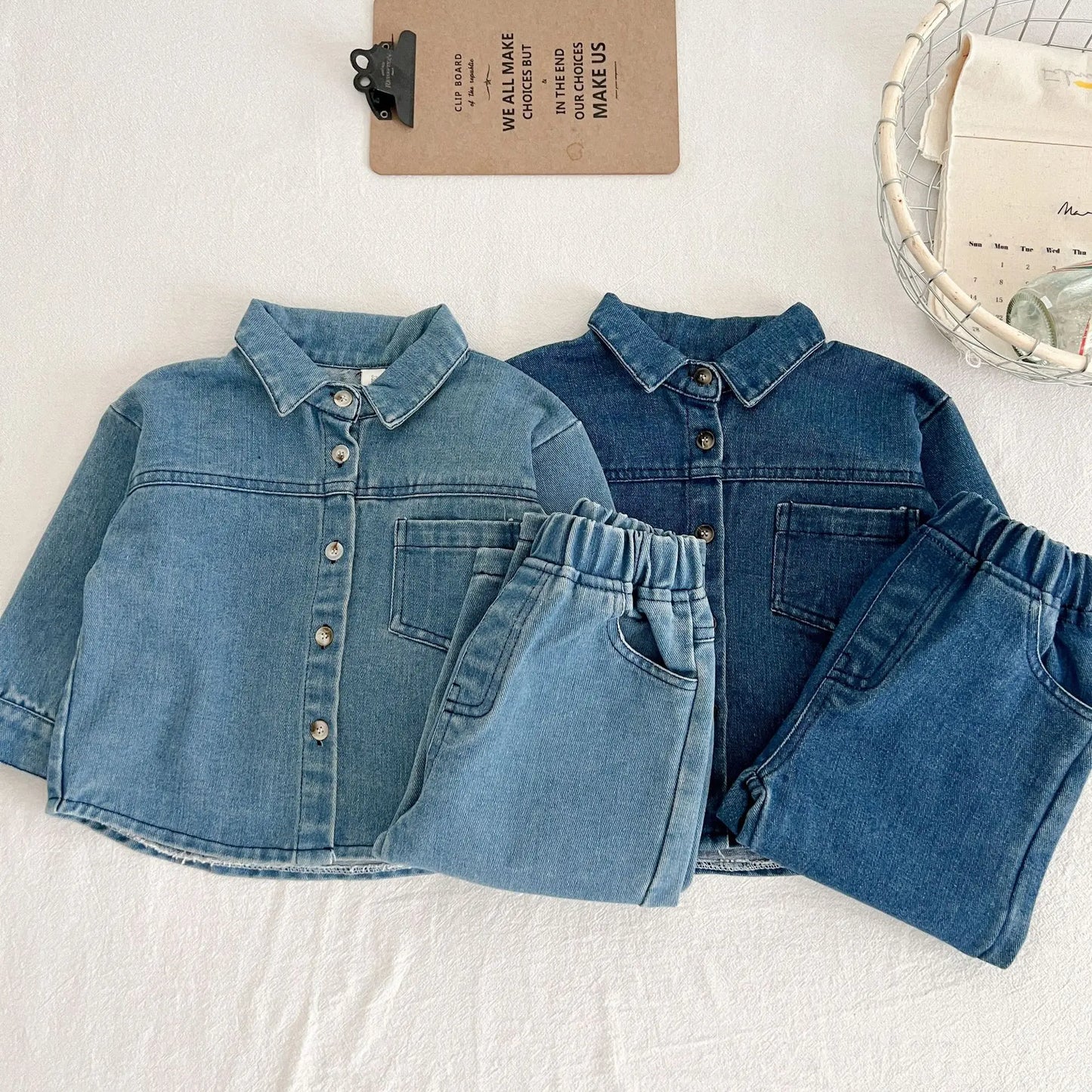 Boys Girls Vintage Denim Coat + Pants 2pcs Suit Kids Fashion Casual Outfits 2025 Autumn New Children Long Sleeve Clothes Set