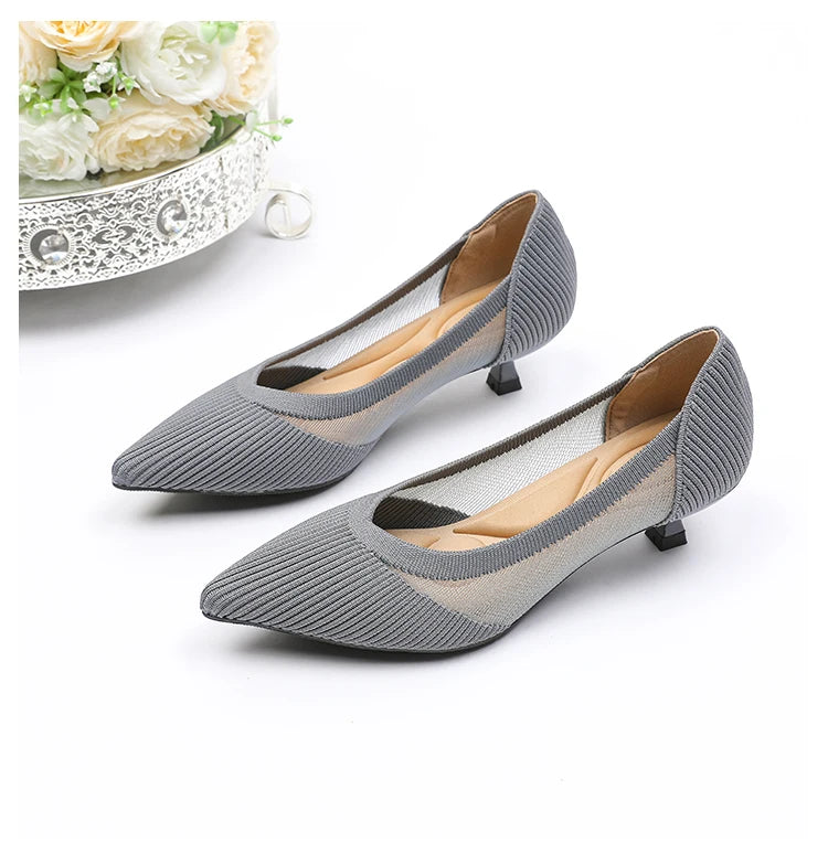 Women's High Heels 2025 New Knitted Breathable Mesh Fine Fashion Comfortable Lightweight Shoes Spring and Autumn