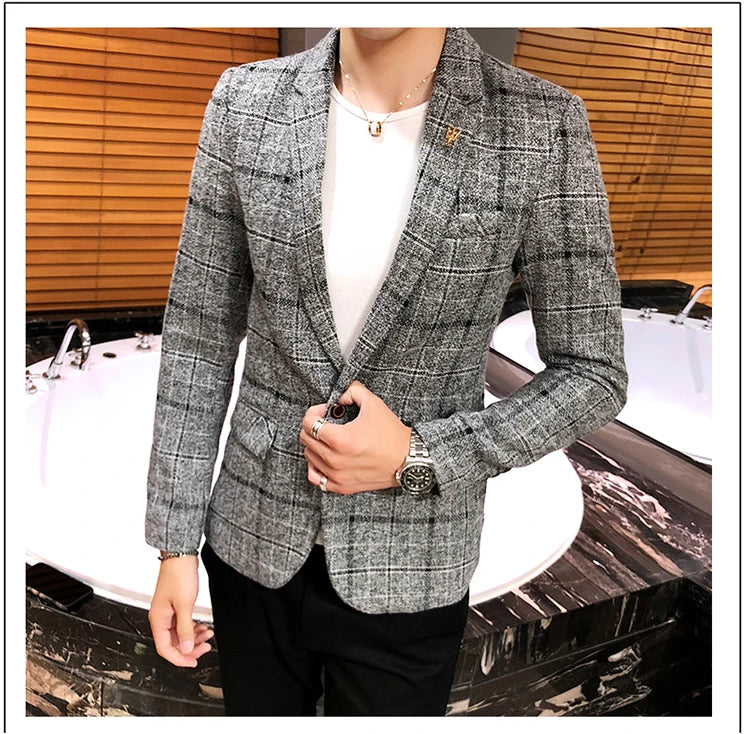 Spring and Autumn New Boutique Japanese Style Print Stand Collar Mens Casual Jacket Slim Male Coat Male Plaid Suit Jacket Blazer