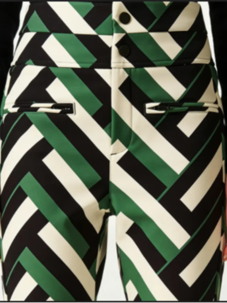 Bold Black And White Striped Green Ski Suit Long Sleeved Hooded Zipper Thick Jackets Warm Pant 2026 New Woman Outdoor Sportswear