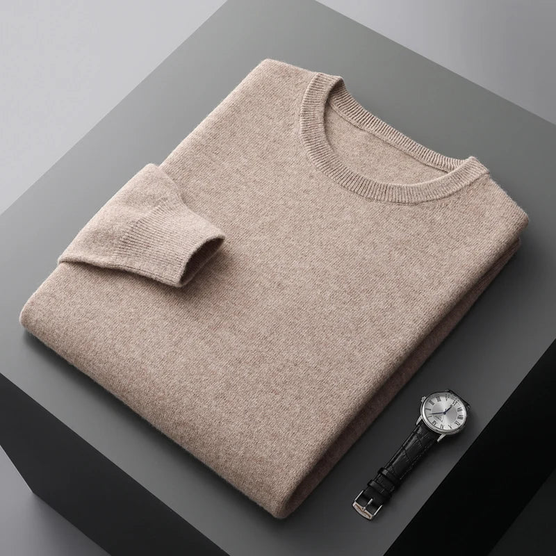 100% Merino Wool Sweater Men's O Neck Pullover Tops One-piece ready-to-wear Autumn Winter Solid Color Sweater Versatile Basic