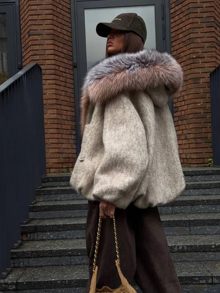Chic Faux Fur Collar Patchwork Woolen Coat Women Casual Lapel Full Sleeve Zipper Loose Warm Coats Lady Commute Office Outerwears
