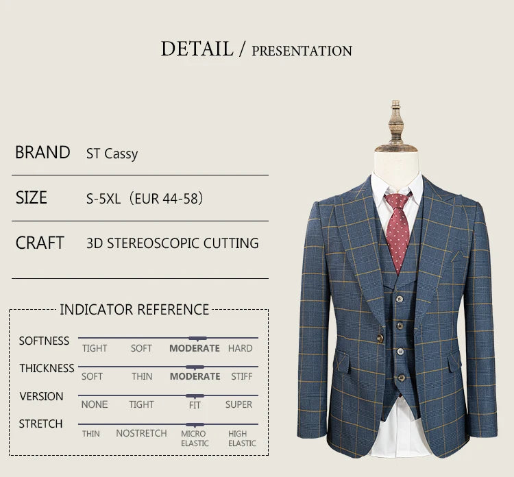 ST Cassy high quality 3 Piece Checkered Suit Set Men Stylish Business Office Wedding Formal Outfit full Elegant man suit