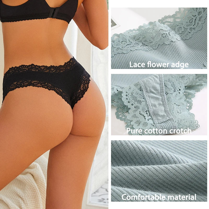 3Pcs/Set Sexy Lace Briefs Cotton Panties Women's Fashion 7 Solid Color Comfortable Briefs Low Waist Underpants Stretch Underwear