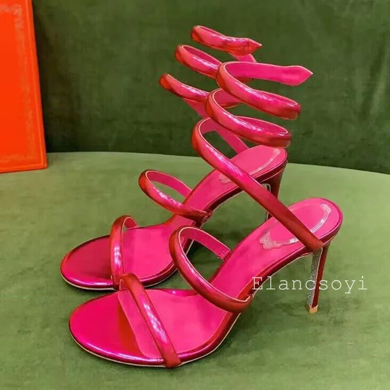 Sexy Thin Heels Sandals Summer Women Real Leather Ankle Snake Shaped Winding Banquet Shoes Summer High Heels Gladiator Sandalias