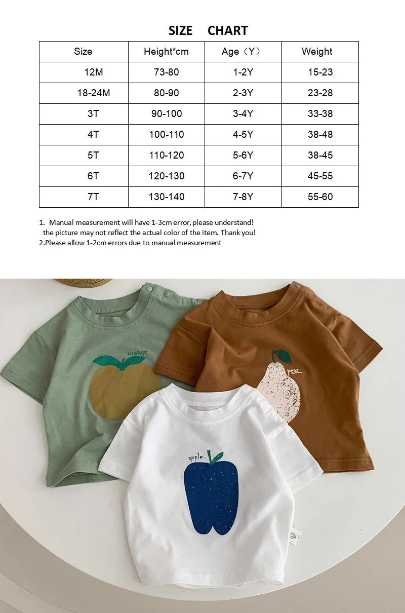 Fashion Baby Fruit Printed Short Sleeve Top Kids Girls Casual Cotton T-shirt Korean Boys' Round Neck Versatile Clothes