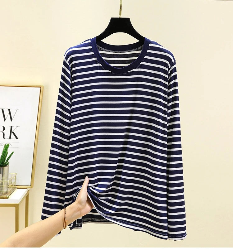 Spring Men Striped T-Shirt Loose and Versatile Sleepwear Round Neck Long Sleeved Top Casual Plus Size Simple Pajamas Homewear