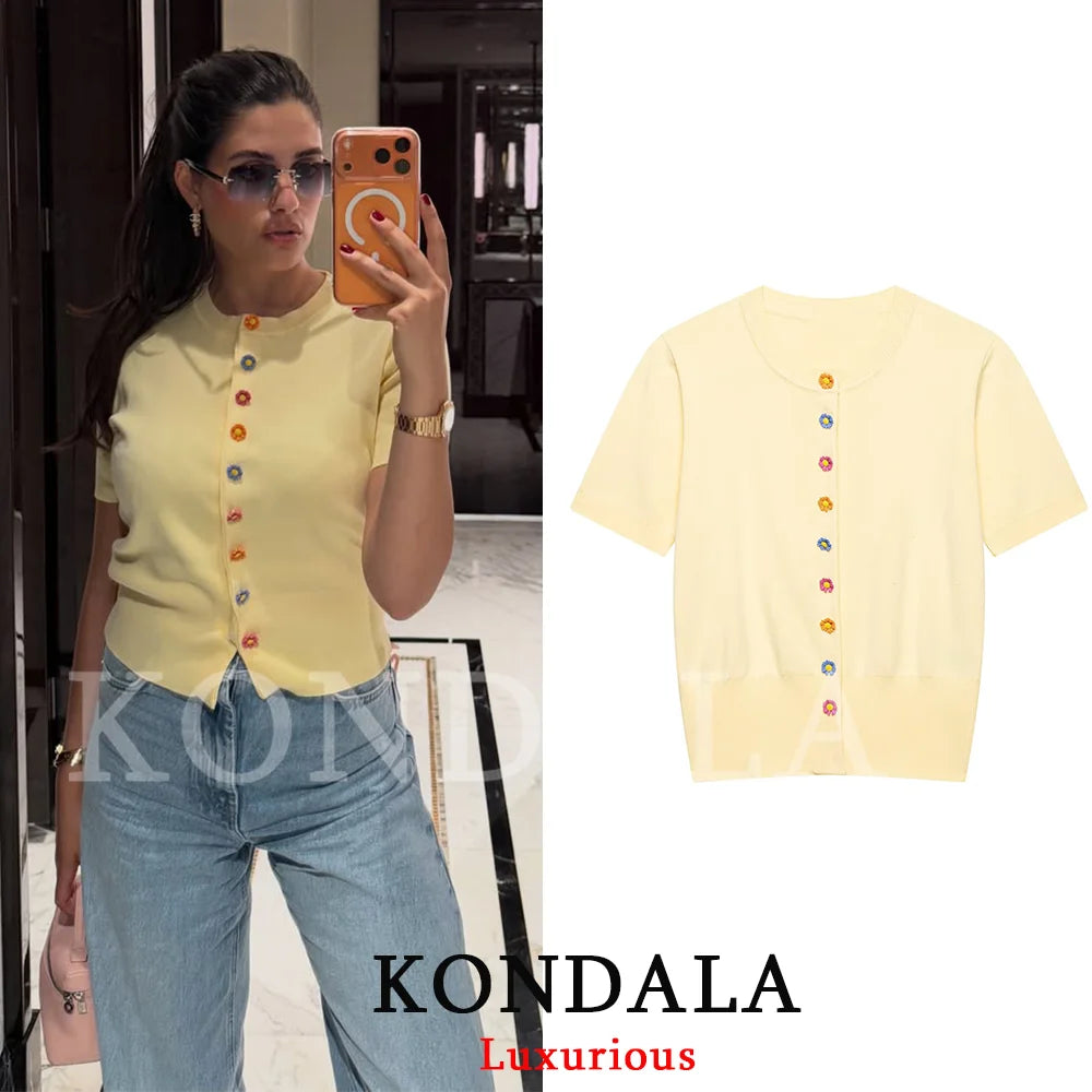 KONDALA Casual Butter Yellow Knit Cardigan Short Sleeve O Neck Flower Buttons Top Fashion 2026 Summer Holiday Women Knit Outwear