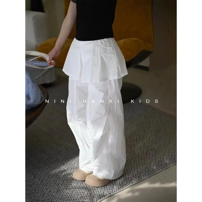 Girls' Trendy Workwear Skirtpants for Summer 2025 Stylish and Versatile, Spliced Fart Curtain Casual Pants for Baby Girls