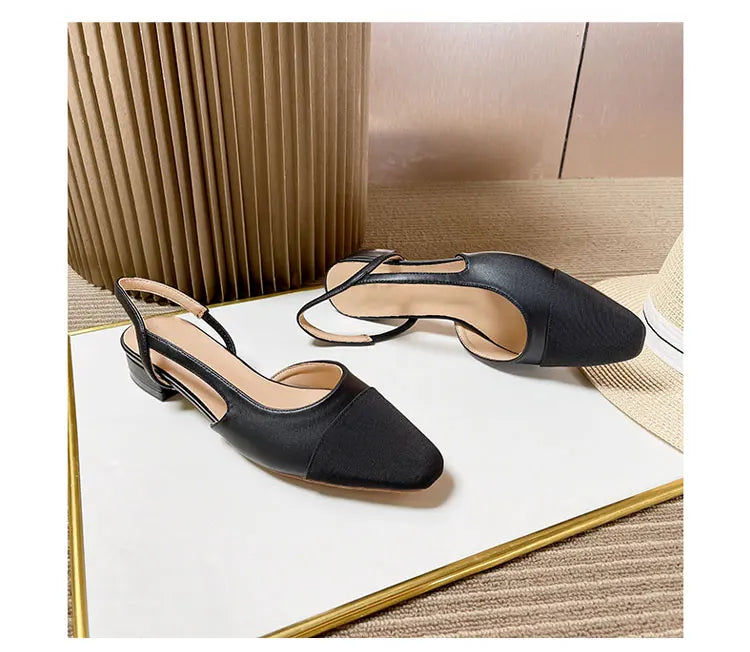 2023Spring Autumn Fashion High Heels Sandals Women's Dress Square Toe Slingback Shoes Women's Color Block Back With Flat Sandals