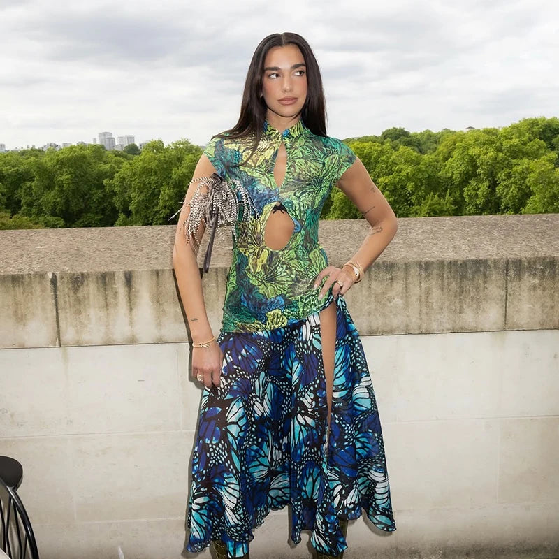 Jungle Butterfly Print Midi Dress Mandarin Collar Cutout Waist High Slit Dress 2026 Summer Festival Night Out Wear Women Vestido