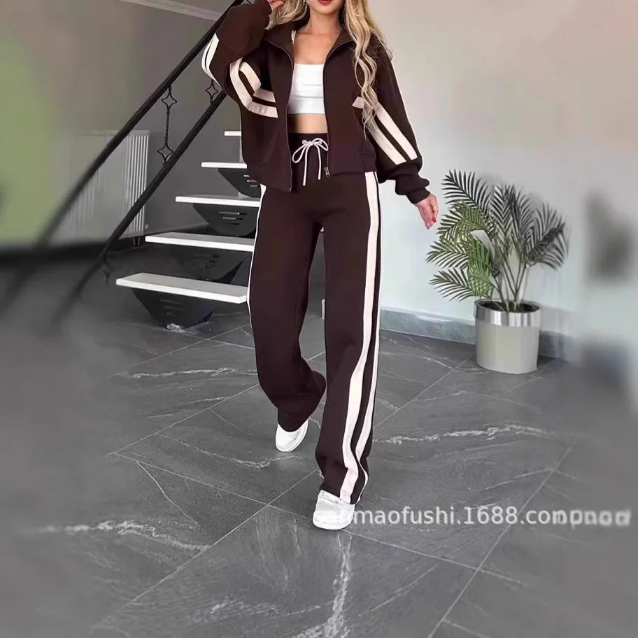 Y2K Striped Zipper Coat+sweatpants Two Piece Set Women Casual Batwing Sleeve Sports Jacket Outfits Autumn Winter Sweatshirt Suit