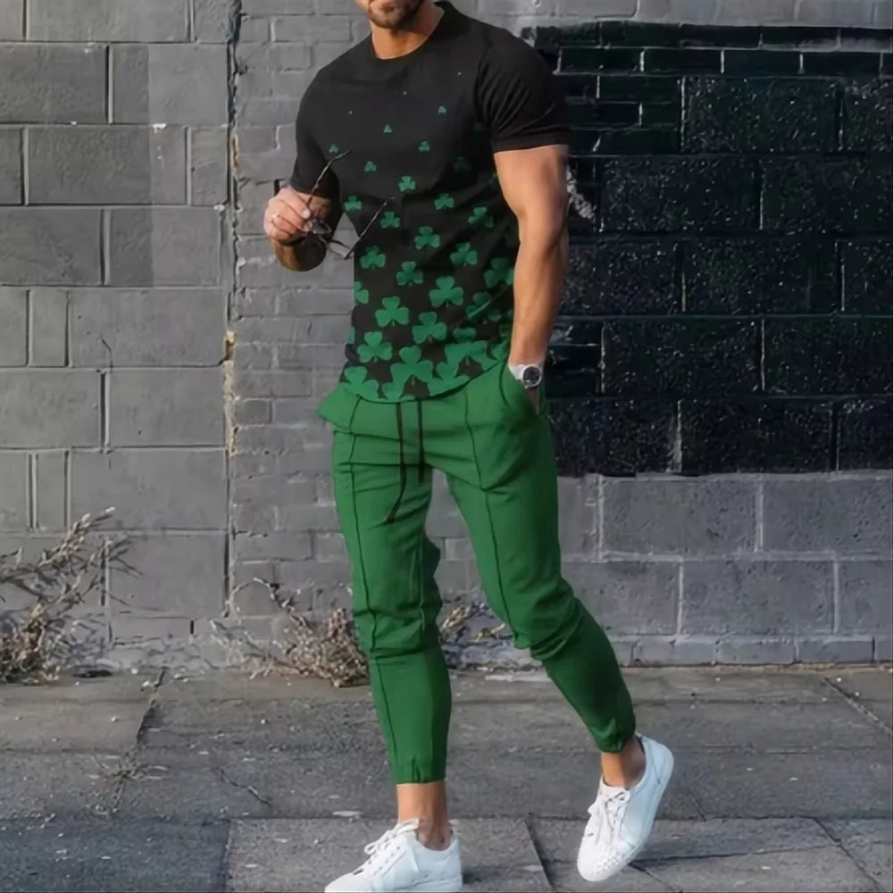 Men's sports set 2-piece jogging suit 3D printed summer fashion new style fun smile short sleeved men's T-shirt+pants