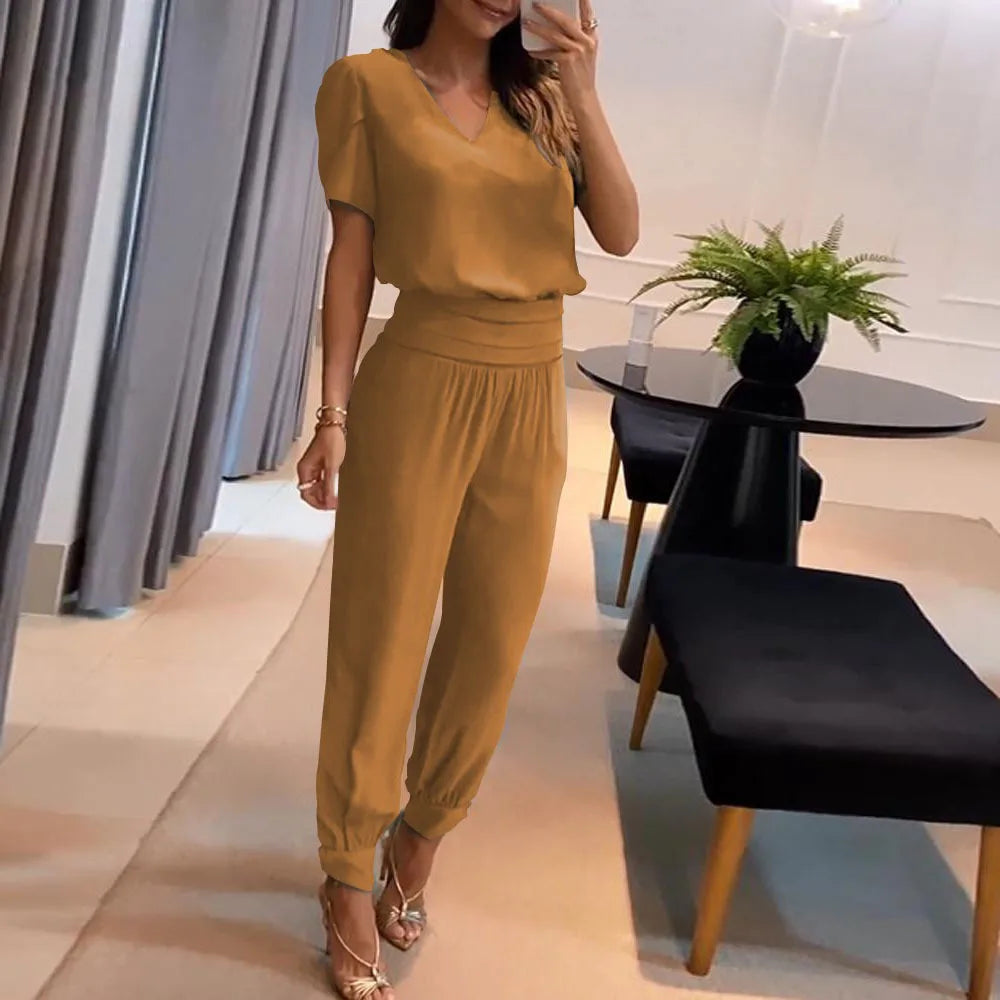 New Women's Summer Tracksuits Pant Sets Fashion Casual V-neck Print Short Sleeve T-shirts and Trousers 2 Piece Sets Women Outfit