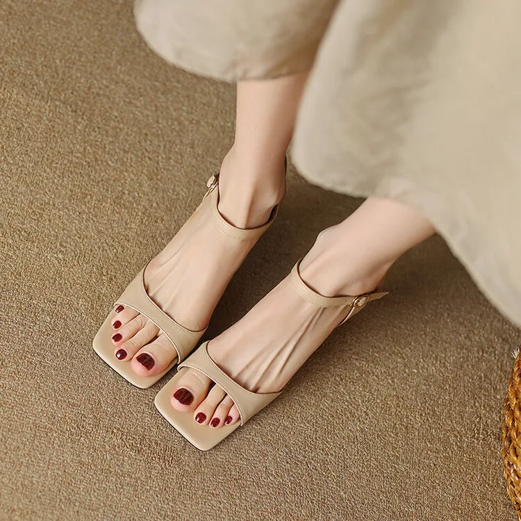 2025 Summer Sandals Women Shoes Open-Toe Thin Heel Women Sandals Split Leather Square Toe Shoes for Women High Heels Handmade