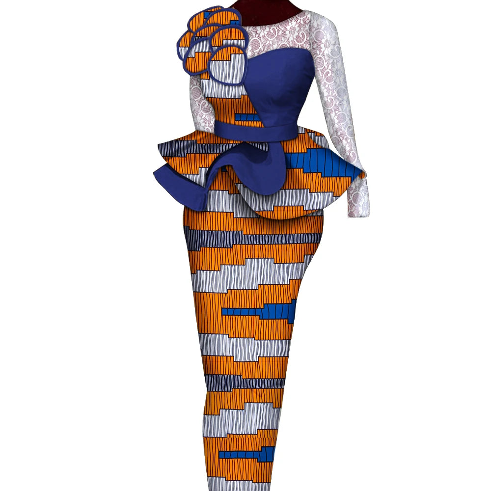 African Skirt Sets Women Suit Long Straight Skirts and Tops with Lace Decoration Bazin Riche Traditional African Clothing WY6195