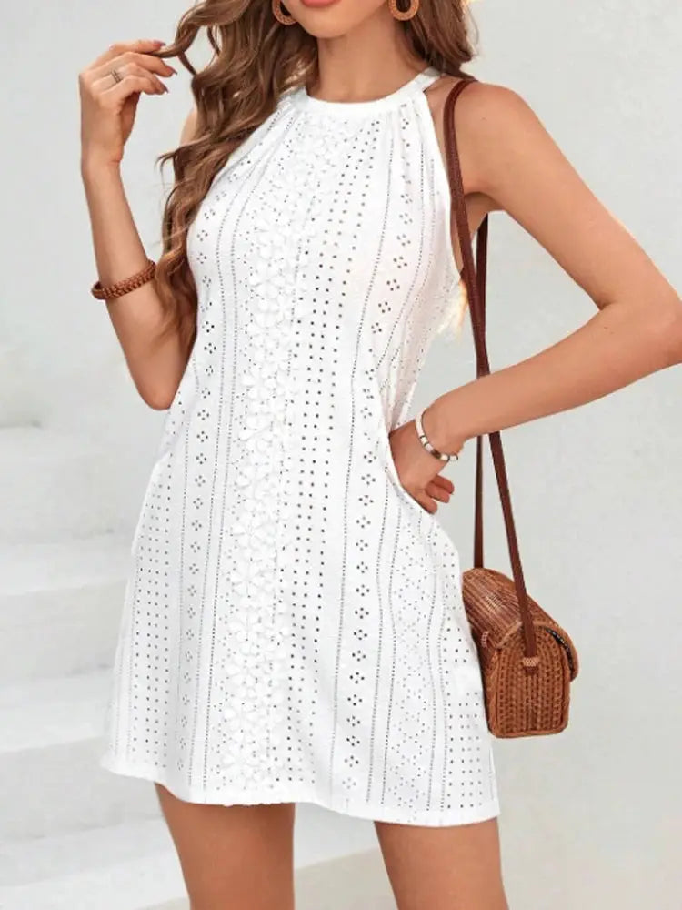 Ladies Spring Summer Lace Splice Round Neck Hanging Neck Dress Elegant Feminine Style Casual Comfort Fit BAZAARHUBO