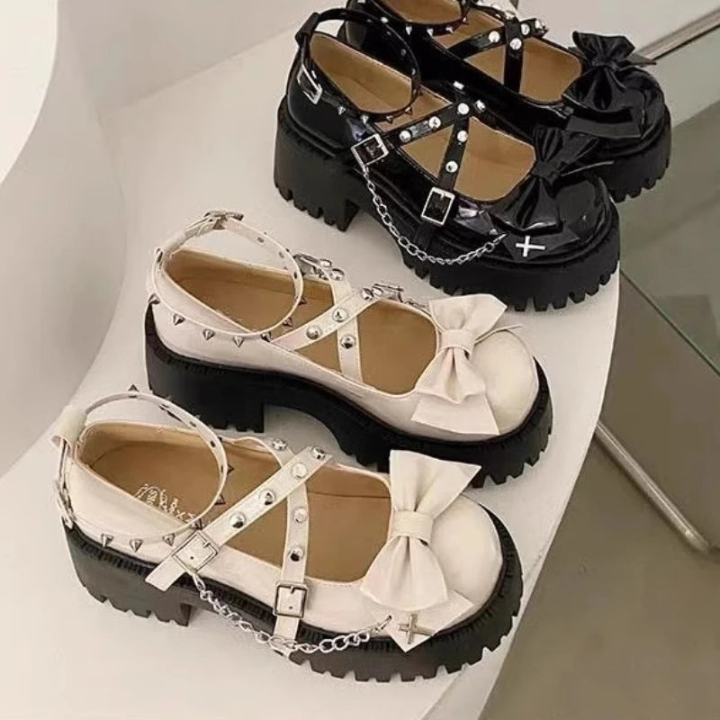 2025 New Women's Shoes Ankle Straps Womens Pumps Platform Women Leather Bows Mary Jane Punk Gothic Chunky Heel Chaussures Femme