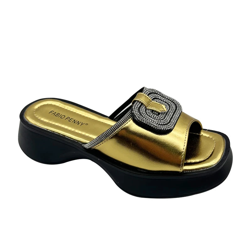 FABIO PENNY2026 new solid-color exquisite water diamond design thick-soled women's fashionable slippers and party sandals