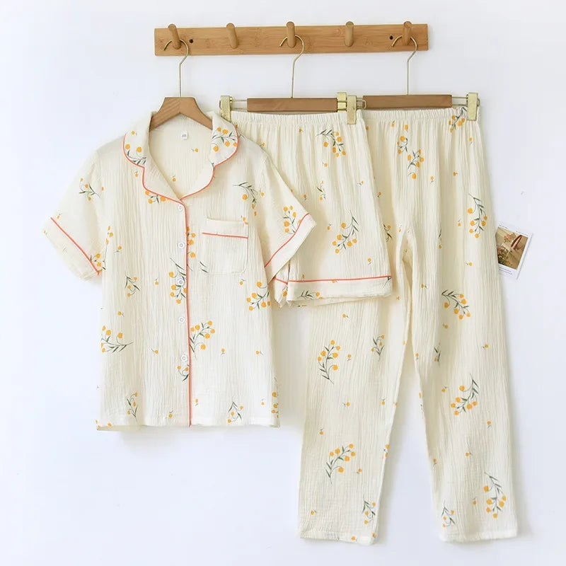 Women's short sleeve trousers home service cotton yarn thin pajama set spring and autumn cotton home service suit