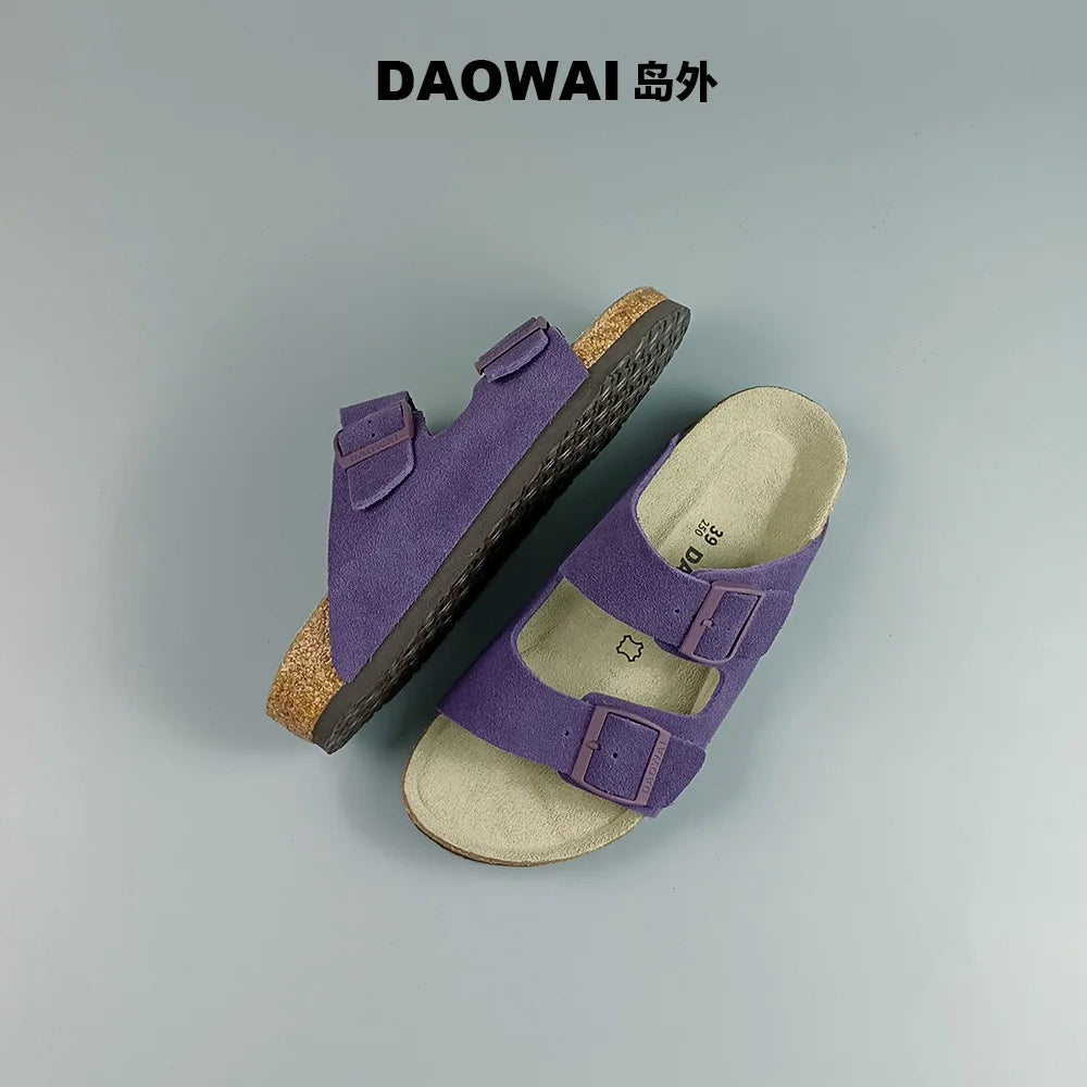 Genuine Leather Men Women Cow Suede Slippers Boy Girl Beach Slides Classic Cork Footbed Women Sandals  With Orthopedic Diabetic