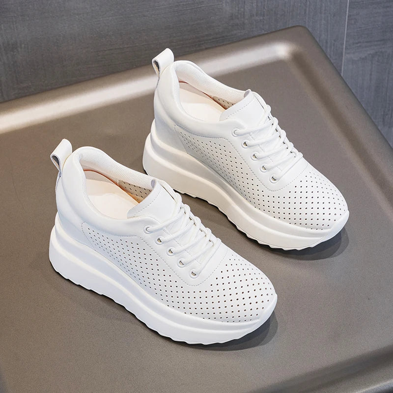 10cm Genuine Leather Women Vulcanize Women Summer Hidden High Heels Platform Wedge Spring Autumn Chunky Sneakers Shoes