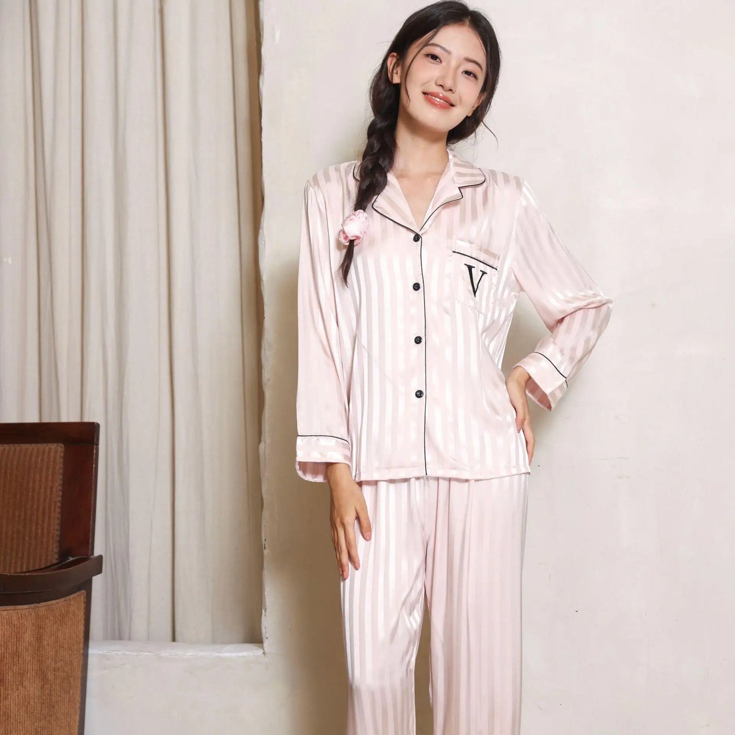 Silky Satin Pajama For Women Striped 2PCS Sleep Set Homewear 2025 Spring New Long Sleeve Trouser Suits Loungewear Nightwear