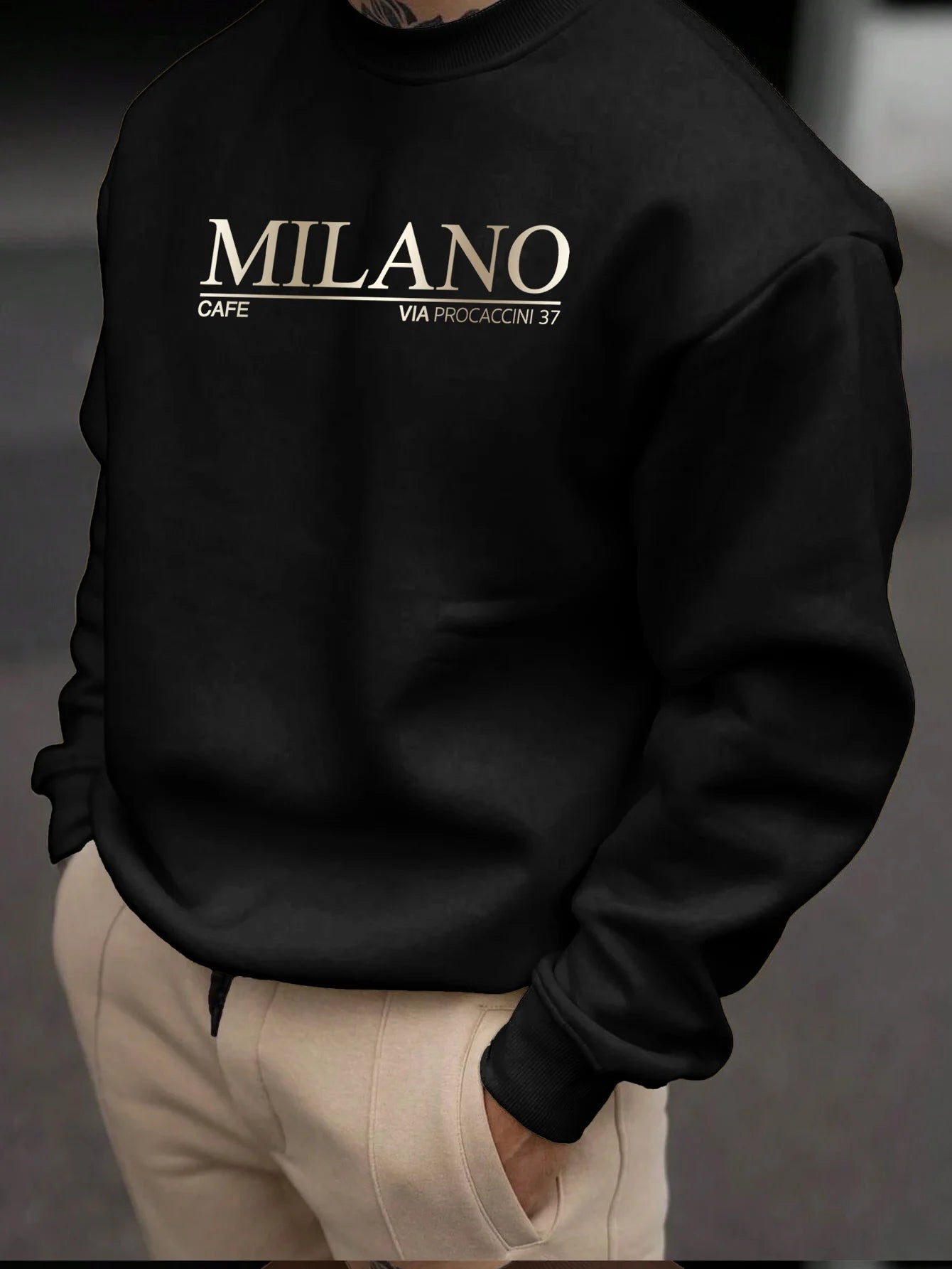 Men's autumn and winter casual loose and fashionable MILANO pattern printed long sleeved round neck sweatshirt versatile BAZAARHUBO