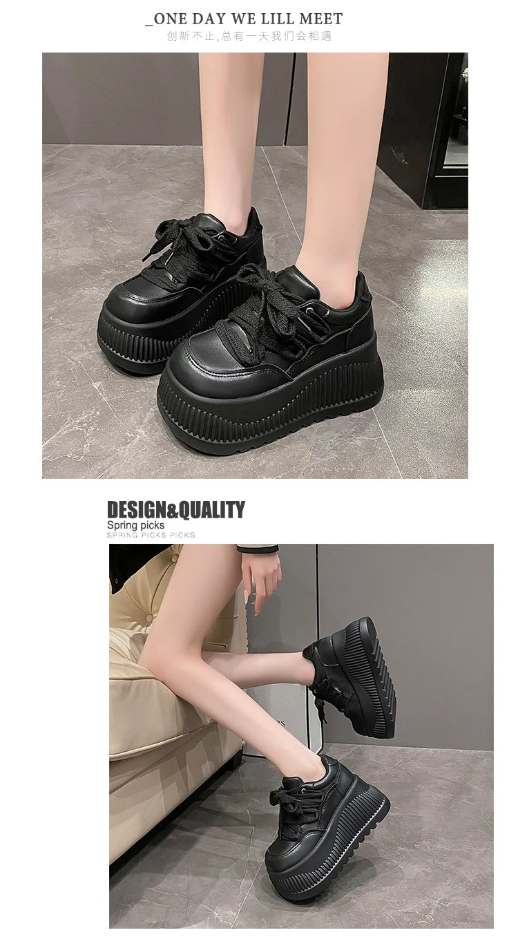 8.5CM New Synthetic Microfiber Leather Women Platform Wedge Ladies Chunky Sneakers 2024 High Brand Fashion Vulcanize Pumps Shoes