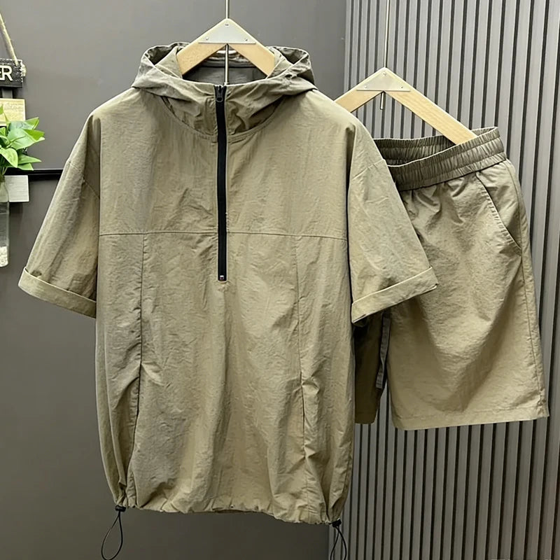Casual Hooded Suit Mens Summer Workwear Thin Loose Fashion Couple Short Sleeve Waistcoat Shorts 2 Piece Set Male Cargo Tracksuit