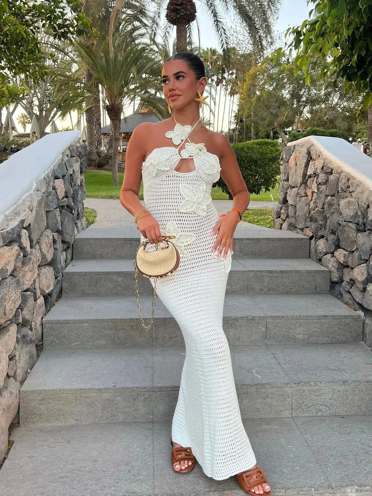 Sexy 3D Flower Knitted Dress Women  Hollow Out Halter Sleeveless Beach Long Dresses Female 2024 Summer Vacation Ladies Vestidos