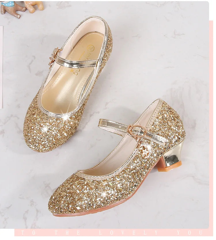 Classic Children High Heels Leather Shoes Fashion Sequins Elegant Kids Girls Wedding Shoes Princess Party Dress Single Shoes