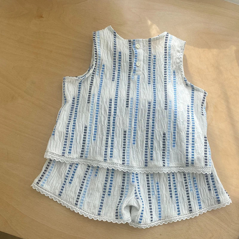 Summer Children's Vest Set Girls Lace Top Suit Kids Embroidered Striped Tank Top and Shorts 2Pcs Boys Casual Suit Sibling Outfit