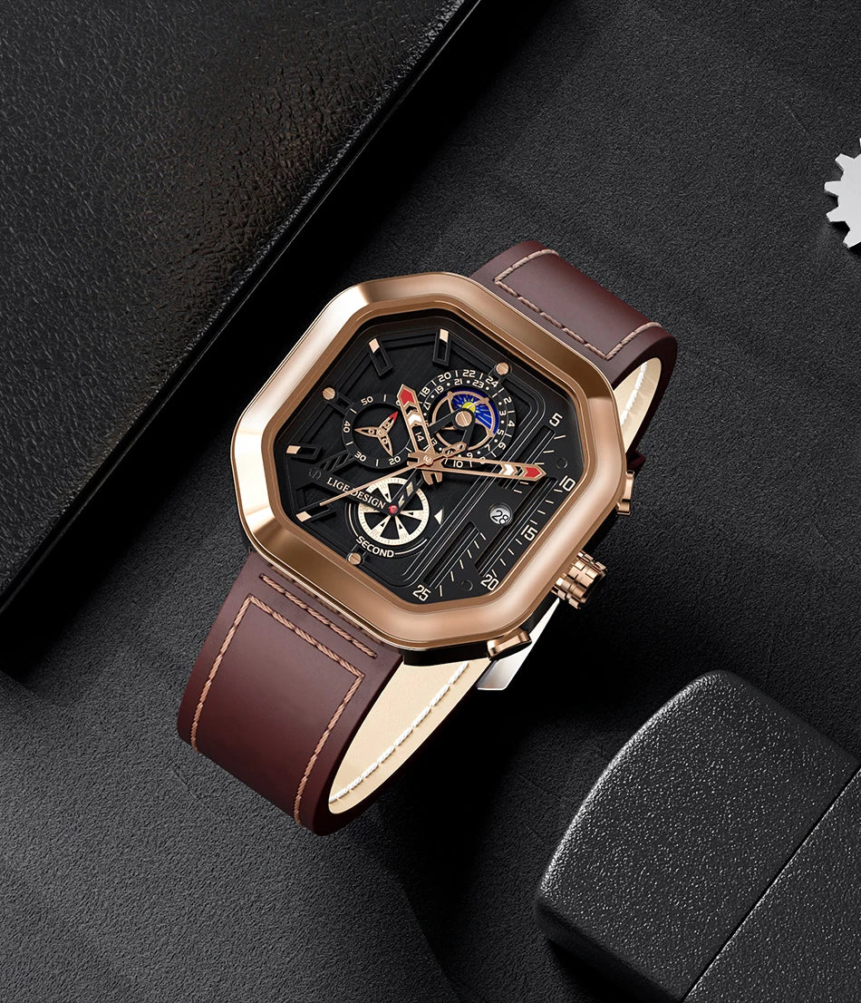 2025 LIGE Business Leather Watch For Men Top Brand Luxury Mens Watches Waterproof Quartz Wrsitwatch 24 Hours Moon Phase Clock