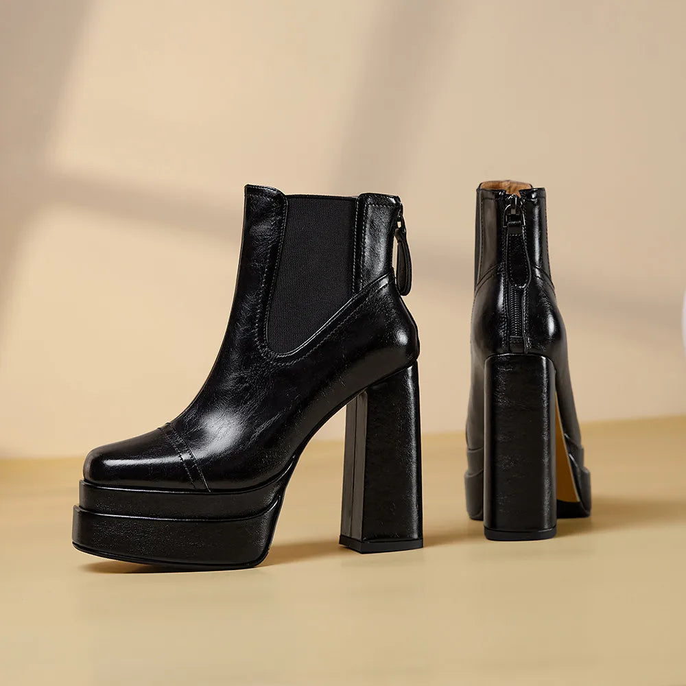 Aucegi Women Genuine Leather Back Zipper Ankle Boots Fashion Square Toe Platform Thick High Heels Party All Match Casual Shoes